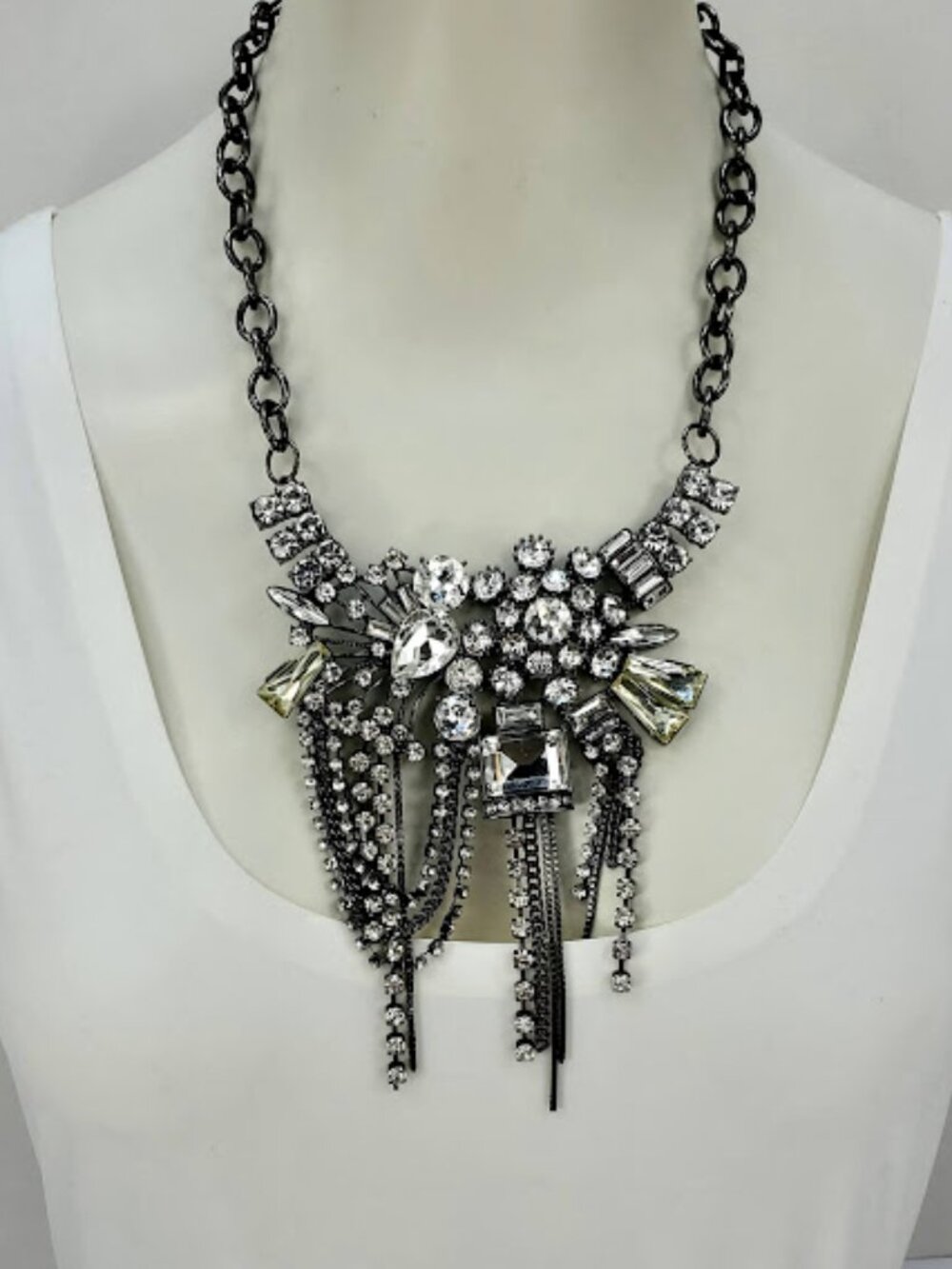 Dramatic Chunky Rhinestone Cluster Gunmetal Statement Necklace Glam